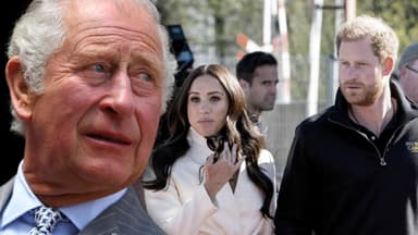 Charles guckt ernst während Meghan lächelt und Harry verwirrt guckt