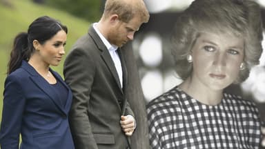 Harry und Meghan ernst, im Hintergrund Lady Diana traurig