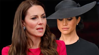 Prinzessin Kate guckt sauer, Herzogin Meghan guckt mit Hut traurig nach unten