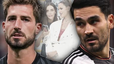 WM 2022 in Katar: Kevin Trapp und Ilkay Gündogan - im Hintergrund die Spielerfrauen Sara Gündogan und Izabel Goulart in Katar auf der Tribüne