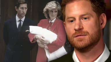 Prinz Harry traurig in CBS-Interview - im Hintergrund König Charles und Diana mit Baby Harry nach dessen Geburt