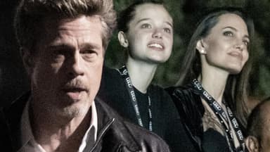 Brad Pitt guckt geschockt, Shiloh Jolie-Pitt und Angelina Jolie lächeln