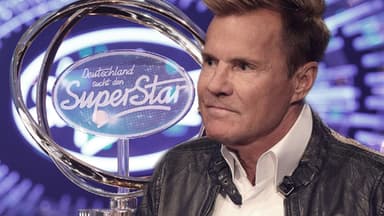 DSDS-Pokal im Hintergrund, Dieter Bohlen schaut ernst