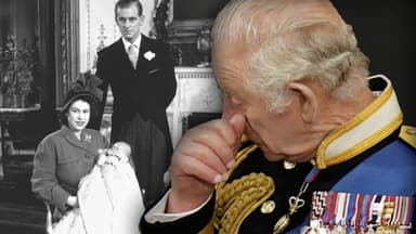 Montage: König Charles III. weint - im Hintergrund als Baby mit Queen Elizabeth II. und Prinz Philip