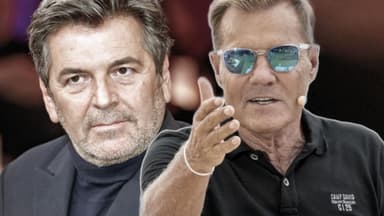 Fotomontage Thomas Anders traurig und Dieter Bohlen ernst mit Hand oben