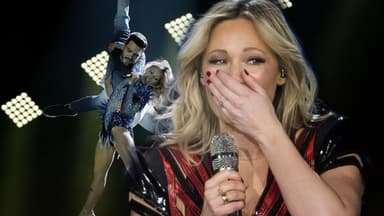 Helene Fischer hält sich die Nase, im Hintergrund Foto von ihrer Akrobatiknummer