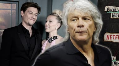 Millie Bobby Brown und Jake Bongiovi lächeln, Jon Bon Jovi guckt kritisch