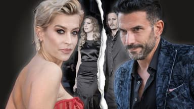 Verena Kerth und Marc Terenzi sehen ernst aus, im Hintergrund ein zerrissenes Bild von Johnny Depp und Amber Heard