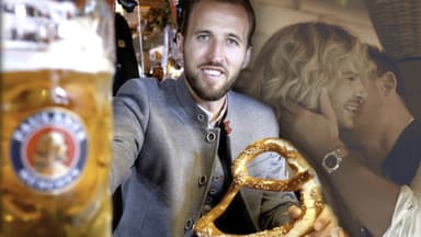 Oktoberfest 2023: Harry Kane mit Bier, im Hintergrund Bill Kaulitz und Marc Eggers