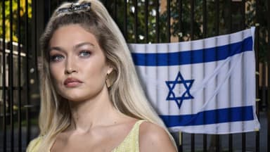 Gigi Hadid sieht ernst aus, im Hintergrund hängt eine Israel-Flagge