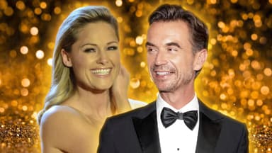 Collage Helene Fischer und Florian Silbereisen vor goldenen Hingergrund