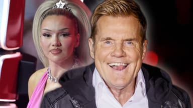 Shirin David sieht verärgert aus, Dieter Bohlen leckt sich über die Zähne