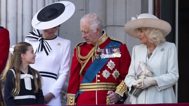 Prinzessin Charlotte, Prinzessin Kate, König Charles und Königin Camilla auf dem Palastbalkon für "Trooping the Colour", 2024