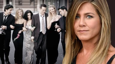 Friends-Stars im Hintergrund, Jennifer Aniston ernst