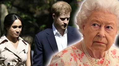 Prinz Harry, Ehefrau Meghan markle und Königin Elizabeth schauen ernst