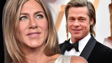 Jennifer Aniston und Brad Pitt sehen lächelnd zur Seite