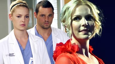 Katherine Heigl blickt zurück, im Hintergrund ist ein Ausschnitt aus "Grey's Anatomy" zu sehen