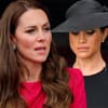 Prinzessin Kate guckt sauer, Herzogin Meghan guckt mit Hut traurig nach unten