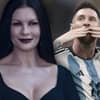 Catherine Zeta-Jones (als Morticia Addams in "Wednesday") und Lionel Messi