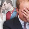 Prinz William hält sich beschämt die Hand vors Gesicht - im Hintergrund Hochzeitskuss mit Kate