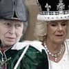 Prinzessin Anne guckt mit Hut skeptisch zur Seite, Königin Camilla guckt mit Krone nach unten