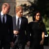 Prinzessin Kate, Prinz William, Prinz Harry und Herzogin Meghan am Schloss Windsor. 