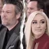 Gwen Stefani und Blake Shelton schauen weg, ein Riss ist zwischen ihnen zu sehen