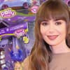 Fotomontage: Lily Collins lacht vor Polly Pocket-Puppen im Einkaufskorb