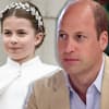 Prinz William sieht zur Seite, Prinzessin Charlotte winkt