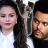 Selena Gomez und The Weeknd sehen ernst aus, im Hintergrund ist ein Kuss-Foto von ihnen zu sehen