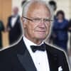 König Carl Gustaf von Schweden sieht in die Kamera, im Hintergrund ein verschwommenes Bild seiner Gäste