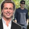 Brad Pitt lächelt, im Hintergrund ein Bild von ihm mit engem Shirt