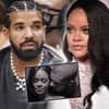 Drake und Rihanna sehen ernst aus, in der Mitte ein Bild von ihnen