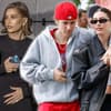 Hailey Bieber hält sich den Bauch und geht Arm in Arm mit Justin Bieber