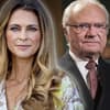 Prinzessin Madeleine lächelt leicht, König Carl Gustaf sieht ernst aus