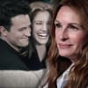 Julia Roberts lächelt leicht, im Hintergrund ein Bild von ihr und Matthew Perry am "Friends"-Set