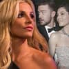 Britney Spears missgünstig - im Hintergrund ein überraschter Justin Timberlake & Jessica Biel 