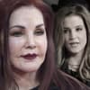 Priscilla Presley sieht traurig aus, im Hintergrund ein verblasstes Bild ihrer Tochter Lisa-Marie Presley