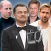 Prinz William, Leonardo DiCaprio, Brad Pitt, Ryan Gosling und Harry Styles lächeln, vor ihnen schweben zwei Parfümflaschen