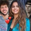 Selena Gomez und Benny Blanco lächeln glücklich, zwischen ihnen schweben Herzen, im Hintergrund ist ein trauriger Justin Bieber