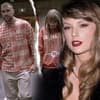 Taylor Swift sieht enttäuscht aus, im Hintergrund ein zerrissenes Bild von ihr und Travis Kelce beim Händchenhalten