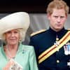 Königin Camilla und Prinz Harry stehen mit ernsten Gesichtern nebeneinander