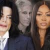 Michael Jackson und Naomi Campbell mit ernsten Gesichtern, im Hintergrund ein ausgegrauter Jeffrey Epstein