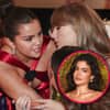 Selena Gomez beugt sich zu Taylor Swift herunter, Kylie Jenners Gesicht ist in einem Kreis zu erkennen