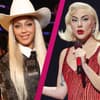 Beyoncé mit Cowboy-Hut und Lady Gaga mit Mikrofon in der Hand