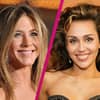 Collage Jennifer Aniston und Miley Cyrus mit pinken Strich