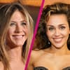 Collage Jennifer Aniston und Miley Cyrus mit pinken Strich