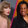 Collage Taylor Swift und Jay-Z mit pinken Strich