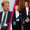 Prinz Harry sieht nachdenklich zur Seite, König Charles und Prinz William lächeln stolz