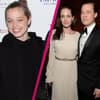 Shiloh Jolie-Pitt lächelt, daneben ein Bild ihrer Eltern Angelina Jolie und Brad Pitt